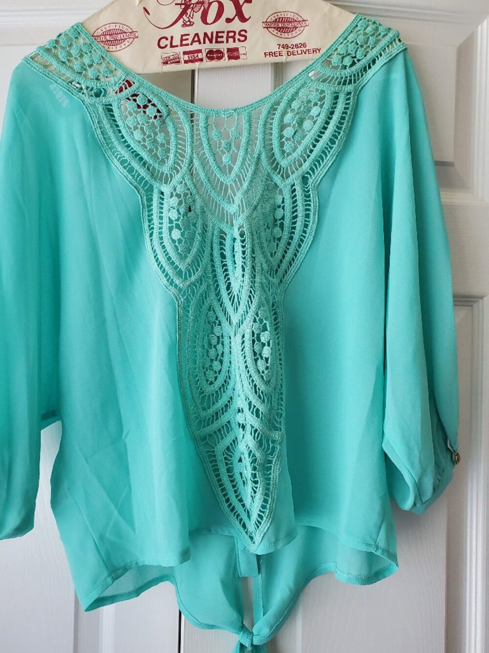 Fashionomics Sheer tie front top with boho crochet back size L